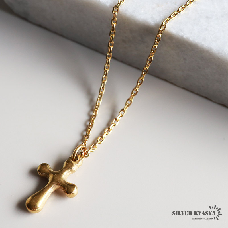 (50cm) クロスネックレス 4面カット あずきチェーン 十字架 ゴールド 18K GP ステンレス 金属アレルギー対応