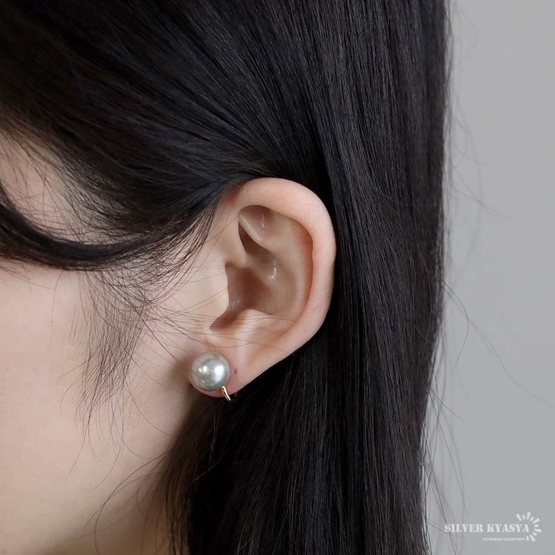 (ゴールド) グレーパールイヤリング 10mm スワロフスキーパール 大きめ 両耳用 2點セット シンプル シルバー925