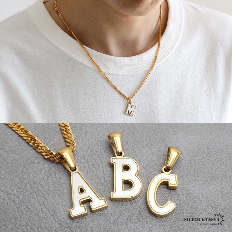 (W、45cm) イニシャルネックレス ゴールド ホワイト シルエット ステンレス 18KGP ダブル喜平 金屬アレルギー対応