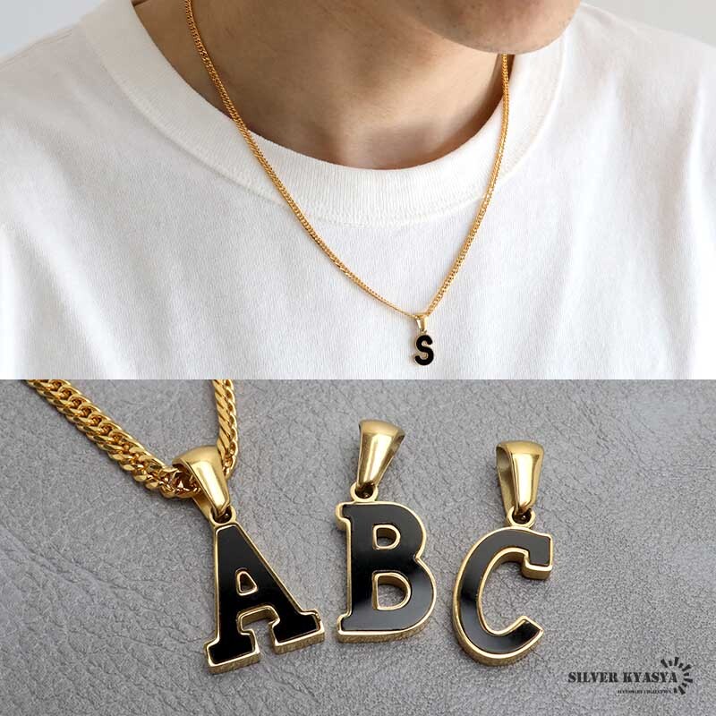 (X、45cm) イニシャルネックレス ゴールド ブラック シルエット ステンレス 18KGP ダブル喜平 金屬アレルギー対応
