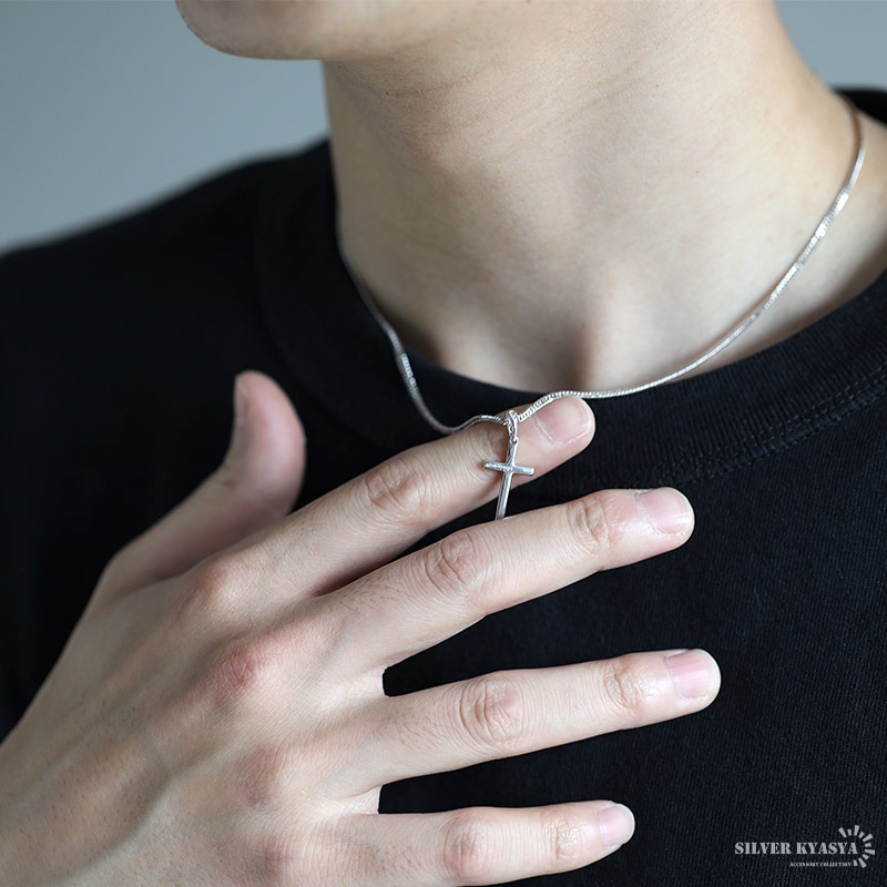 シルバー925 クロスネックレス シルバー 細身 6面カット ダブル喜平 十字架ネックレス 金属アレルギー対応 (60cm)