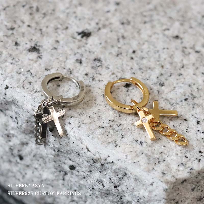 (ゴールド) シルバー925 ピアス 片耳 フープピアス 925 クロス チェーンピアス 18k gp 18金 ピアス