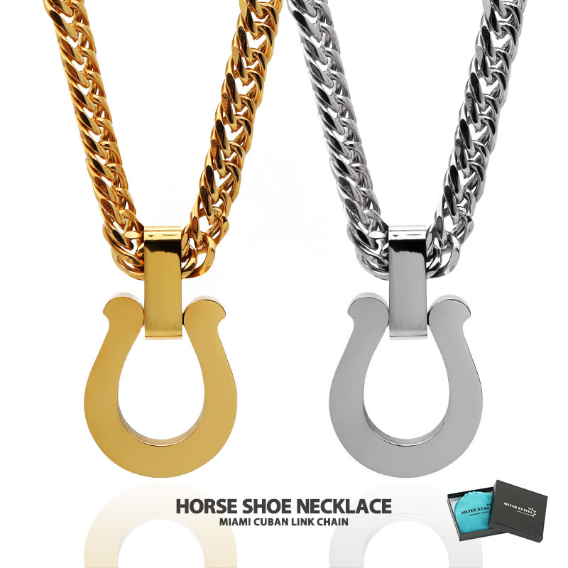 (シルバー、50cm) 馬蹄ネックレス 6面カット ダブル喜平 ネックレス ホースシュー K18 GP ステンレス BOX付属