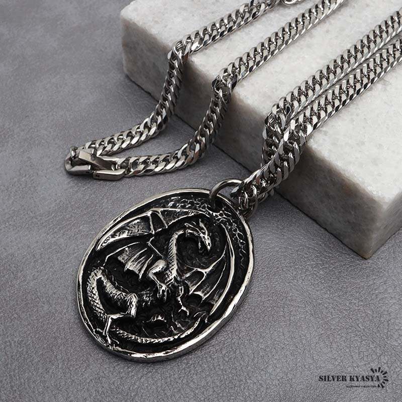 (50cm) ステンレス ドラゴンネックレス シルバー ダブル喜平チェーンネックレス 幅6mm 龍 オニキス