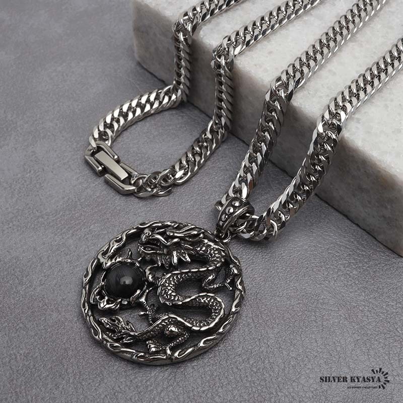 (60cm) ステンレス ドラゴンネックレス シルバー ブラック ダブル喜平チェーンネックレス 幅6mm 龍 オニキス