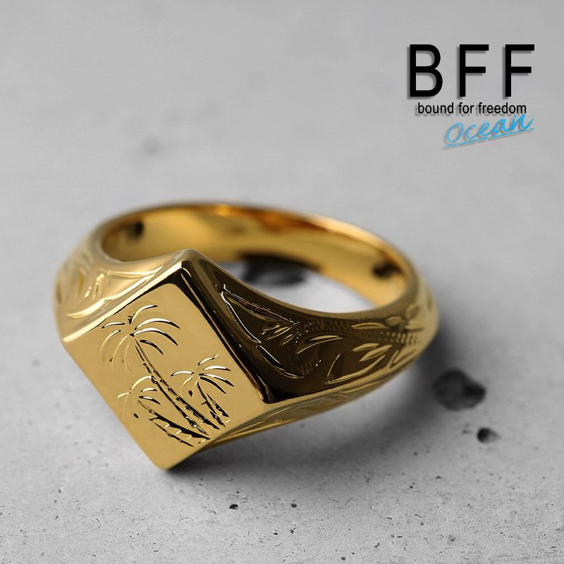 (16号) BFF ブランド パームツリー 印台リング スモール 小ぶり ゴールド 18K GP 菱形 手彫り 専用BOX付属