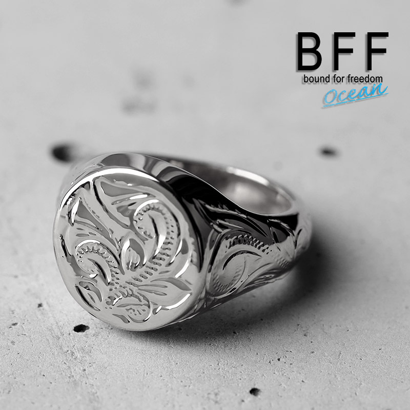 (12号) BFF ブランド プルメリア 印台リング スモール 小ぶり シルバー 18K 銀色 丸型 手彫り 彫金 専用BOX付属