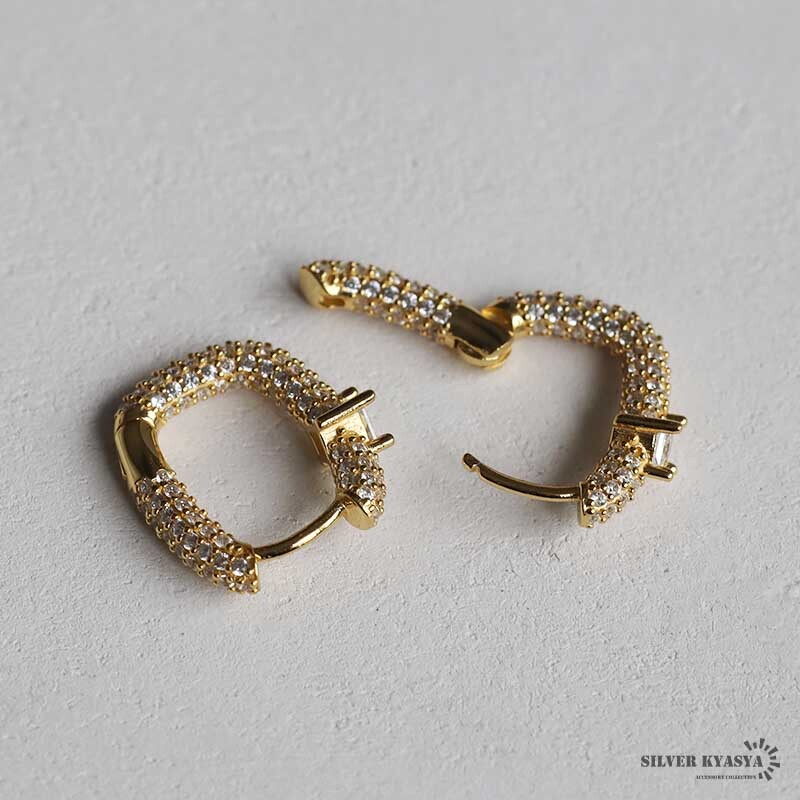 (ゴールド、ブルー) キラキラ フープピアス シルバー925 ゴールド シルバー 18k GP ピアス CZ パヴェ 両耳用