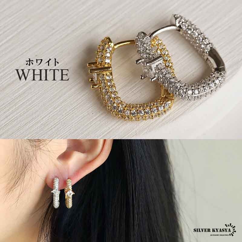 (ゴールド、ブルー) キラキラ フープピアス シルバー925 ゴールド シルバー 18k GP ピアス CZ パヴェ 両耳用