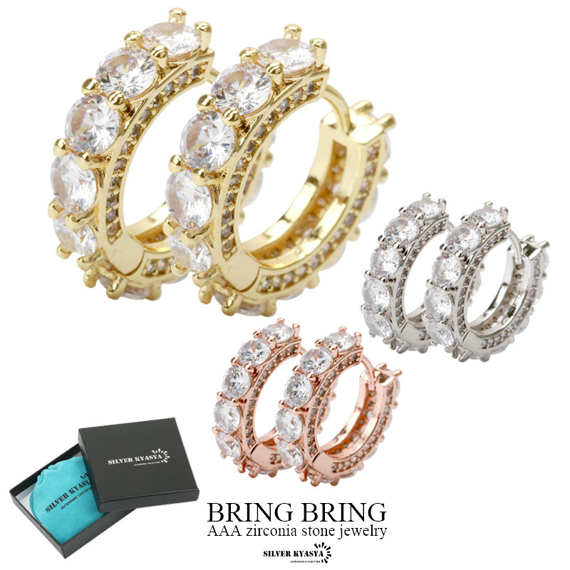 (ローズゴールド) ピアス フープピアス ゴールド 18K 金 パヴェ CZ シルバー 銀色 金色 18G BOX付屬 両耳 2點