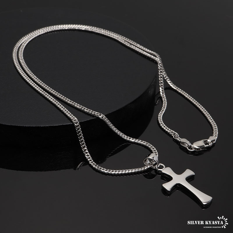 シルバー925 クロスネックレス シルバー 細身 6面カット ダブル喜平 十字架ネックレス 金属アレルギー対応 (60cm)