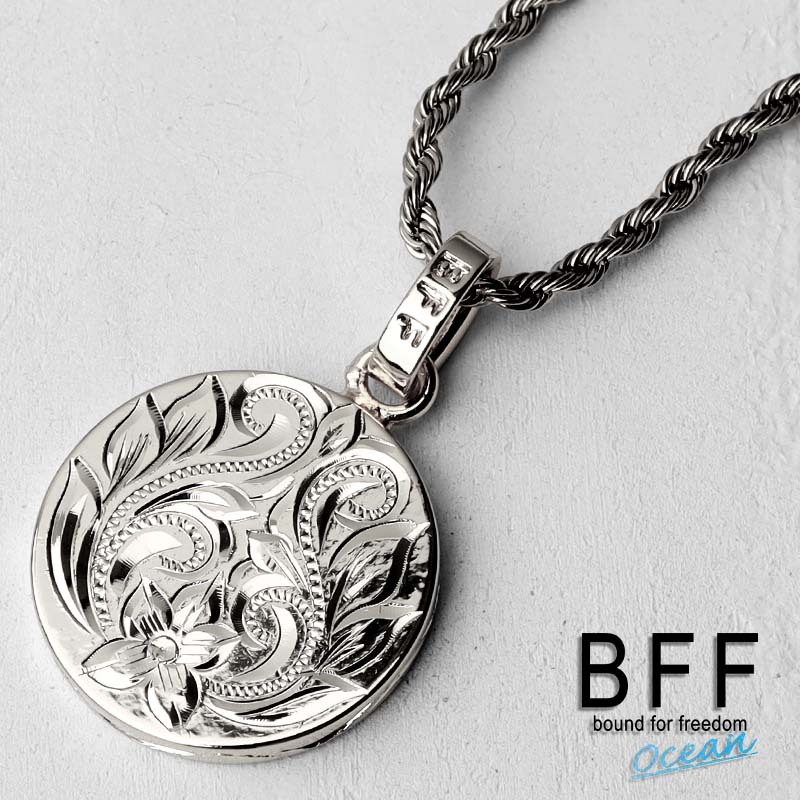 (60cm) BFF ブランド コインネックレス シルバー 銀色 プルメリア ペア 彫金 手彫り 専用BOX付属