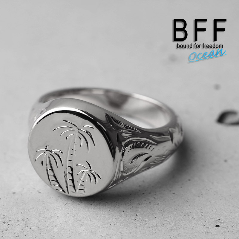 (10号) BFF ブランド パームツリー 印台リング スモール 小ぶり シルバー 18K 銀色 丸型 手彫り 専用BOX付属