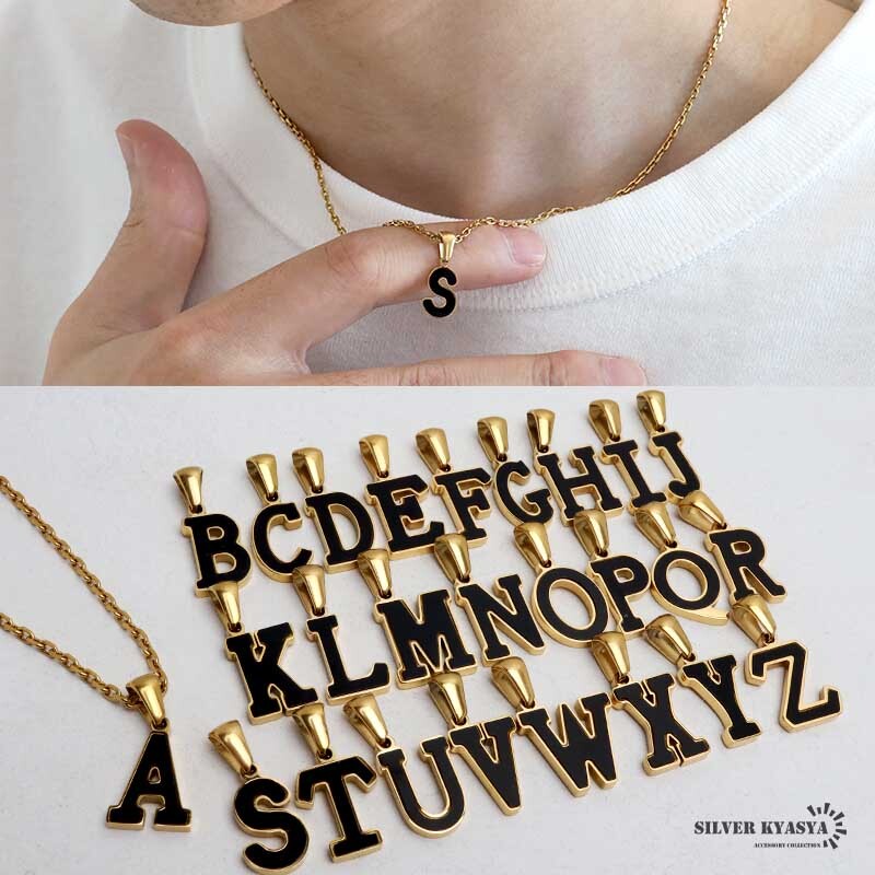 (G、50cm) イニシャルネックレス ゴールド ブラック シルエット ステンレス 18KGP あずきチェーン 金属アレルギー対応