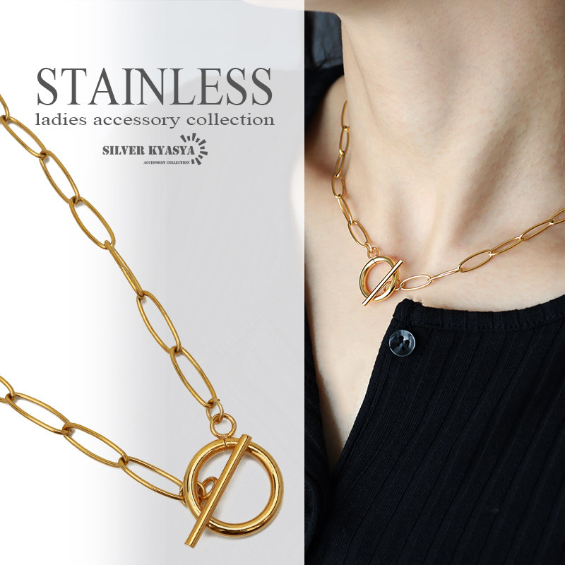 (60cm) ステンレス チェーンネックレス マンテル ゴールド シンプル 18k GP Tバー 楕円コマ 金属アレルギー対応