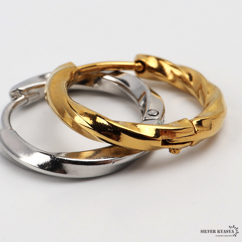 (ゴールド) ステンレス フープピアス ツイストピアス ねじり ゴールド シルバー gold ひねり 金屬アレルギー 対応 片耳用