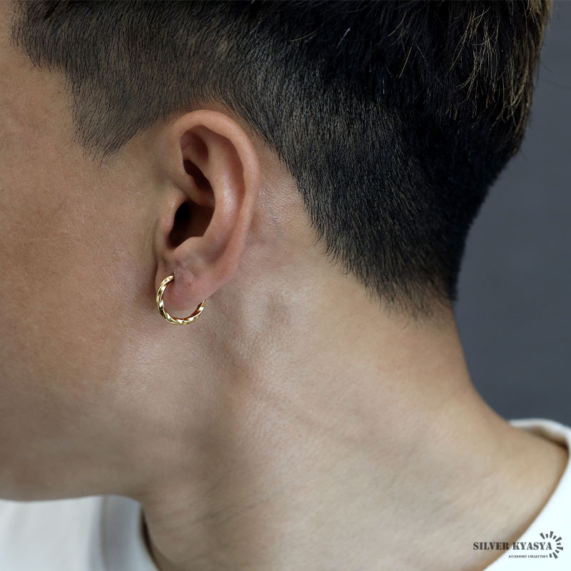 (ゴールド) ステンレス フープピアス ツイストピアス ねじり ゴールド シルバー gold ひねり 金屬アレルギー 対応 片耳用
