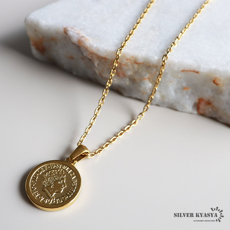 (50cm) コインネックレス 4面カット あずきチェーン エリザベス女王 ゴールド 18K ステンレス 金属アレルギー対応