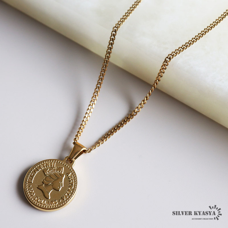 (45cm) コインネックレス 喜平チェーン アンティーク エリザベス2世 ゴールド 18K ステンレス 金属アレルギー対応