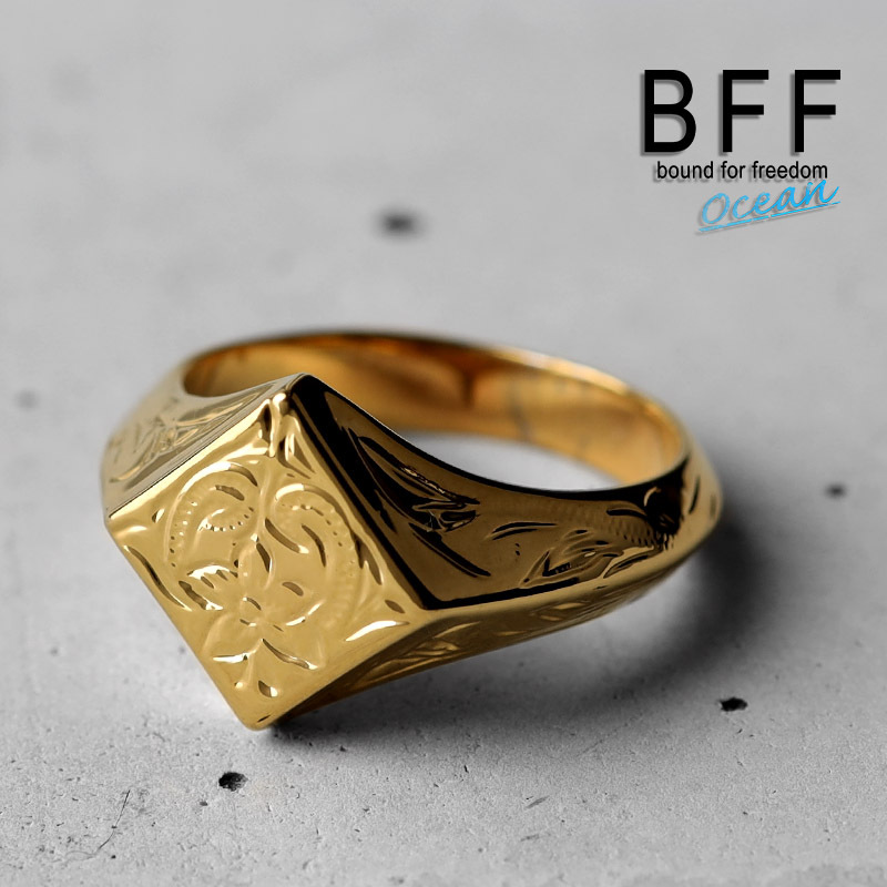 (14号) BFF ブランド プルメリア 印台リング スモール 小ぶり ゴールド 18K GP 金色 菱形 手彫り 専用BOX付属