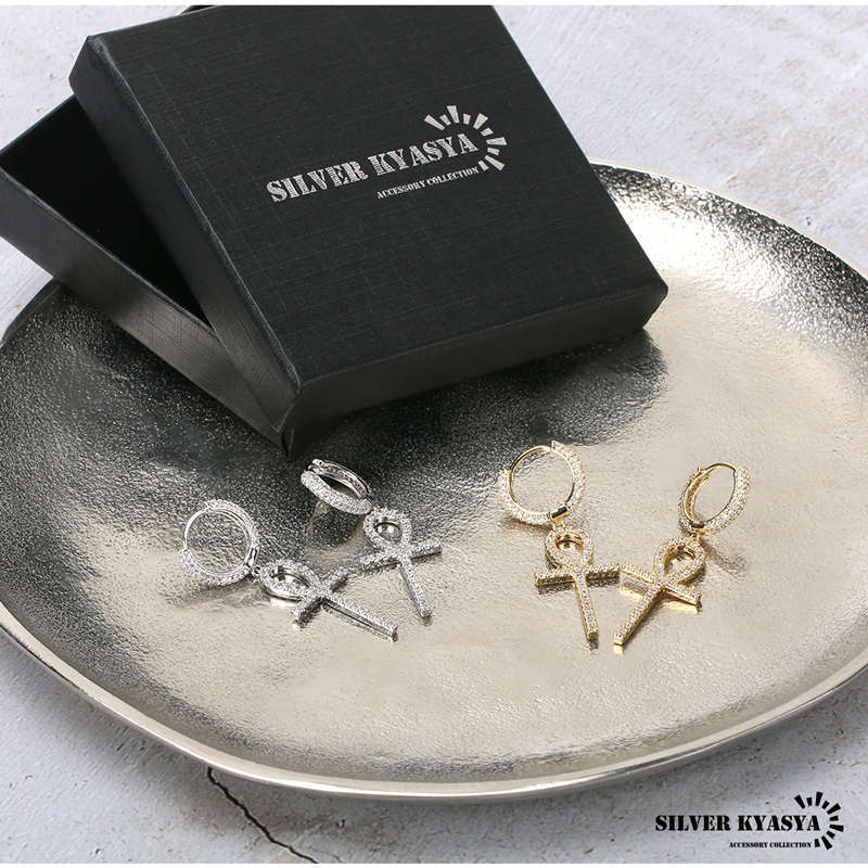 (ゴールド) ピアス ドロップ ピアス ヒエログリフ アンク ピアス ゴールド 18K 金 パヴェ CZ BOX付屬 両耳 2點