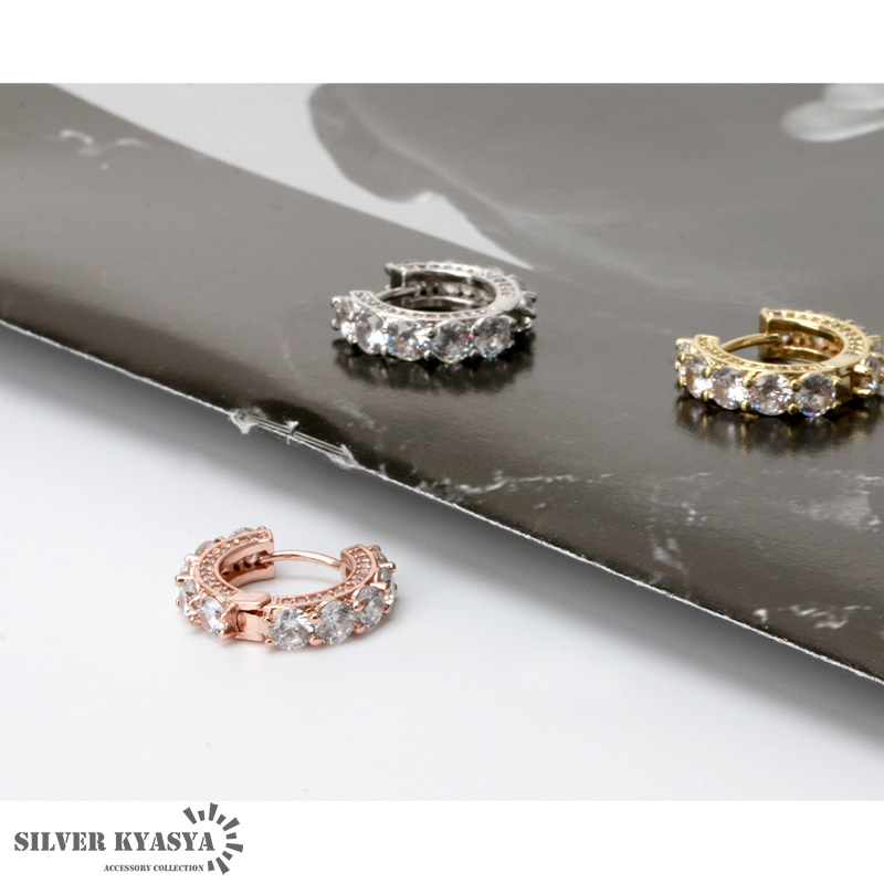 (シルバー) ピアス フープピアス ゴールド 18K 金 パヴェ CZ シルバー 銀色 金色 18G 専用BOX付屬 両耳 2點(diǎn)
