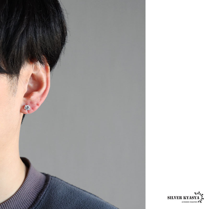 (ブラック) シルバー925 ジルコニアピアス ストーンピアス 一粒ピアス 6mm シルバー 片耳 メンズ 金アレ対応