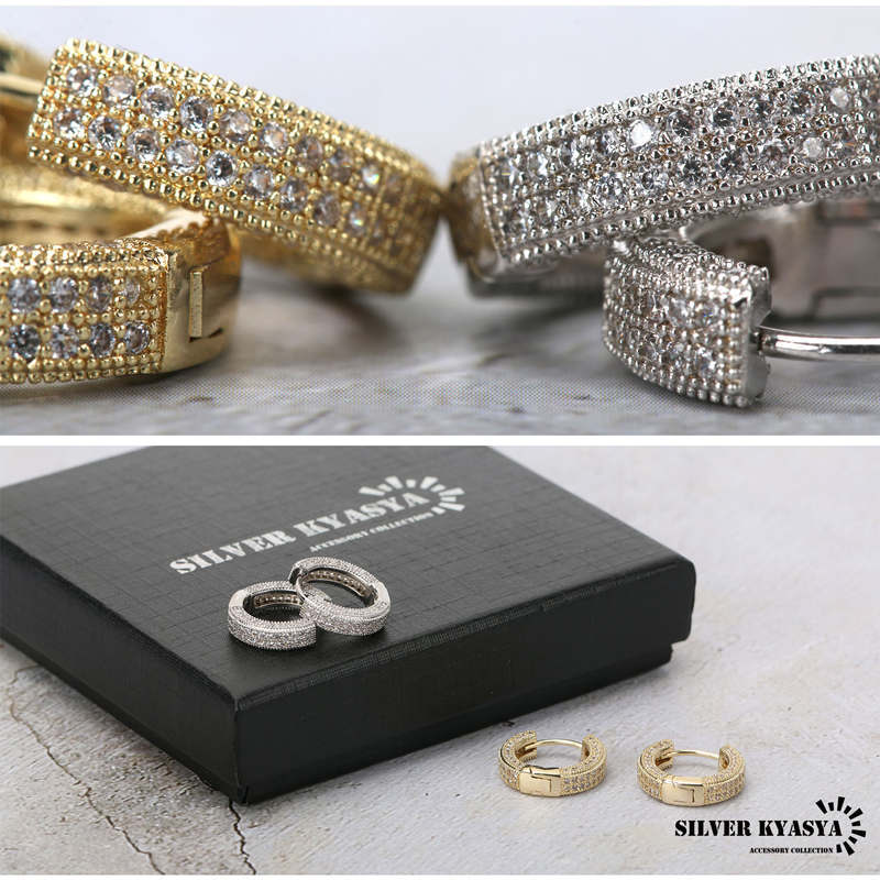 (シルバー) ピアス フープ ピアス ゴールド 18K 金 パヴェ CZ シルバー 銀色ジュエリー 20G BOX付屬 両耳 2點