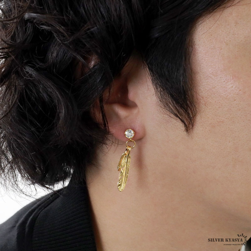 (シルバー) シルバー925 フェザーピアス ツインフェザー 羽 ピアス ドロップピアス ゴールド 18K GP 片耳用 1點