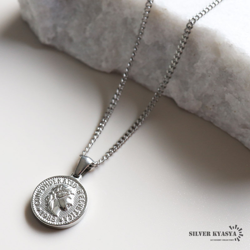 (60cm) コインネックレス 喜平チェーン アンティーク ヘルヴェティア 硬貨 シルバー ステンレス 金属アレルギー対応