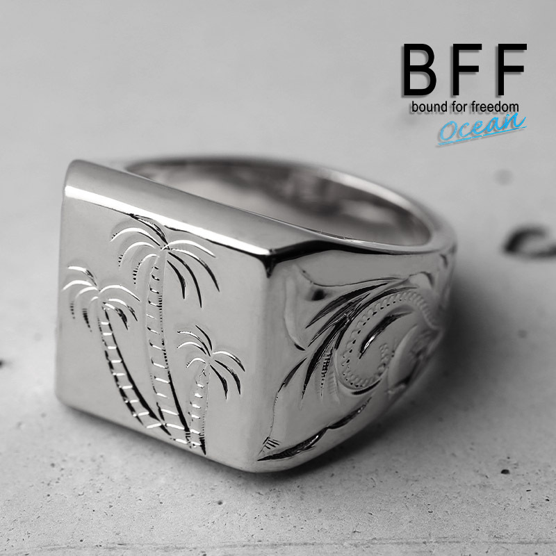 (21号) BFF ブランド パームツリー 印台リング ラージ ごつめ シルバー 18K 銀色 四角 専用BOX付属