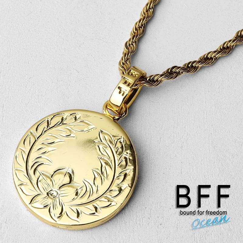 (50cm) BFF ブランド コインネックレス ゴールド 18金 K18 GP 金色 プルメリア マイレ 手彫り 専用BOX付屬