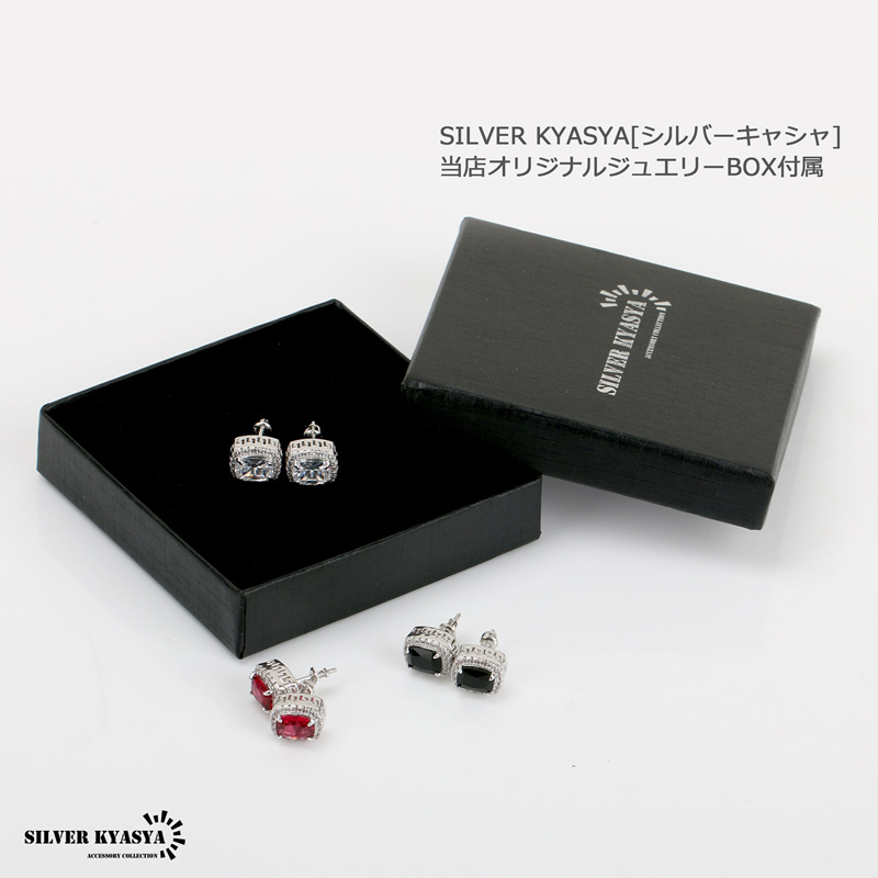 (レッド) ピアス 大粒ジルコニア 3カラー シルバー レッド ブラック ホワイト CZ ゴールド 18K 両耳用 BOX付屬