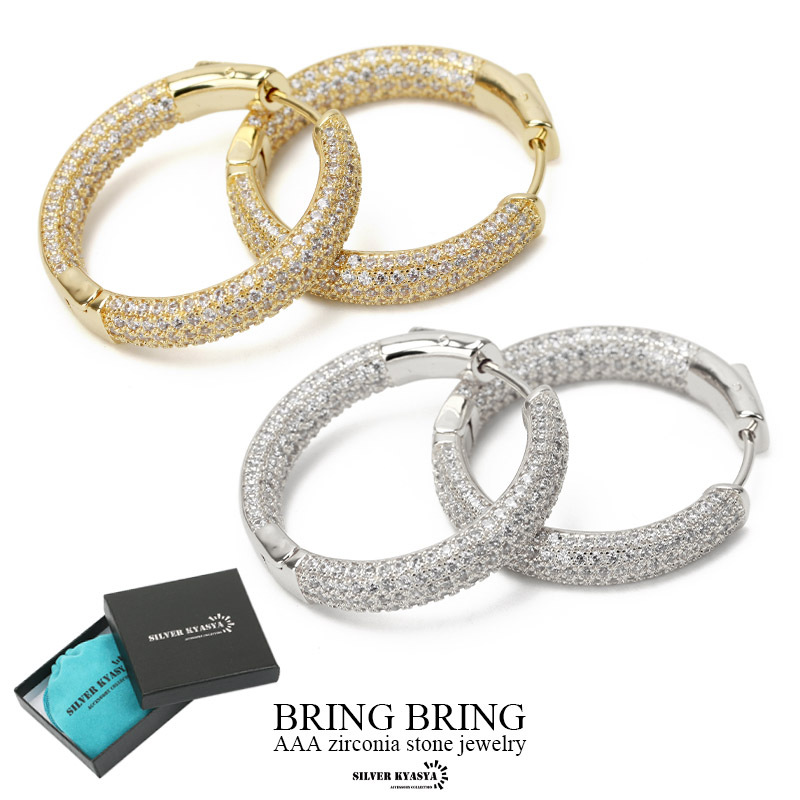 (ゴールド) 両耳用 フープピアス CZ 爪留め 18K GP ゴールド シルバー 押しボタン式 ダンス 男性 専用BOX付屬