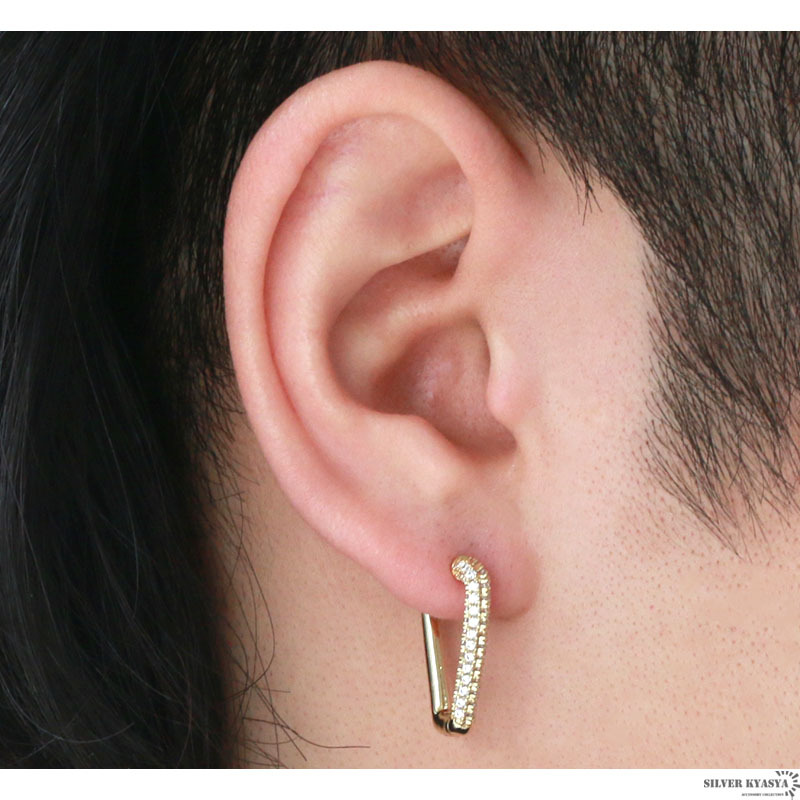 (ゴールド) 両耳用 フープピアス 三角形 CZ パヴェ 爪留め 18K GP ゴールド シルバー ダンス 男性 専用BOX付屬