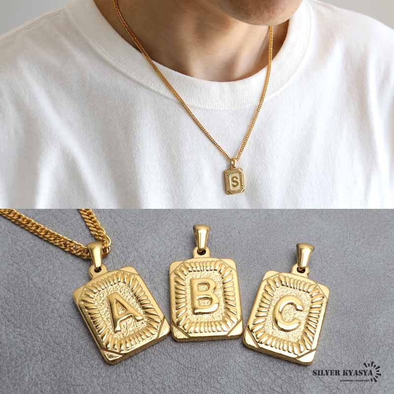 (X、60cm) イニシャルネックレス ゴールド 立体的 スクエア ステンレス 18KGP ダブル喜平 金属アレルギー対応