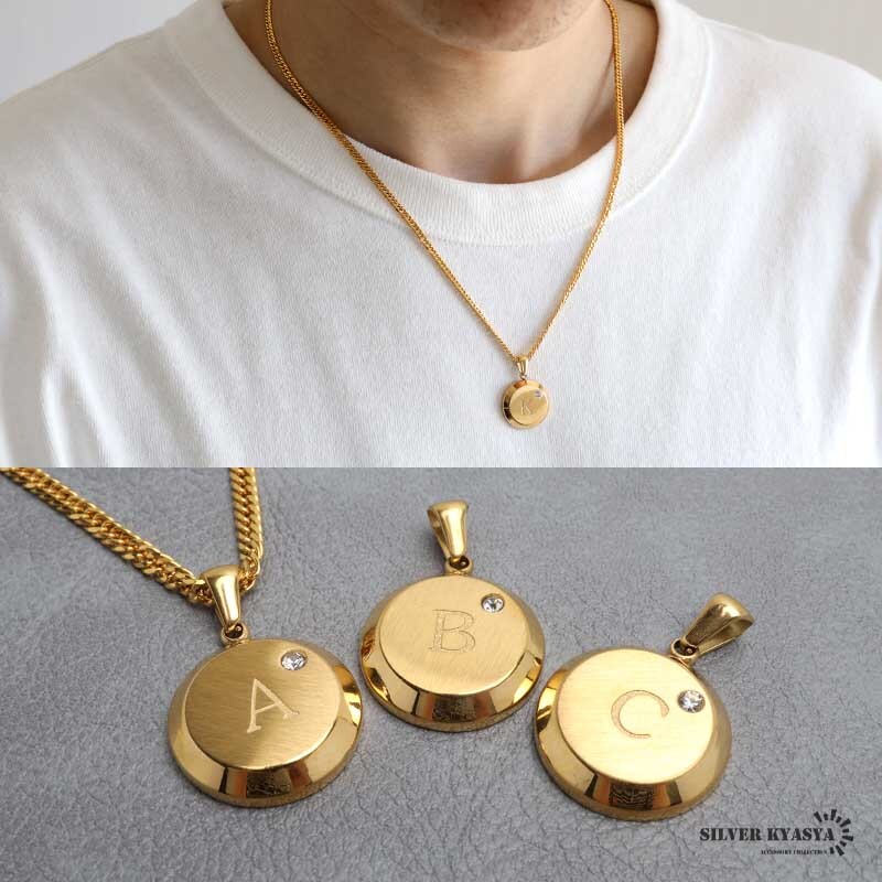 (U、45cm) イニシャルネックレス ゴールド 艶消し ラウンド ステンレス 18KGP ダブル喜平 金属アレルギー対応