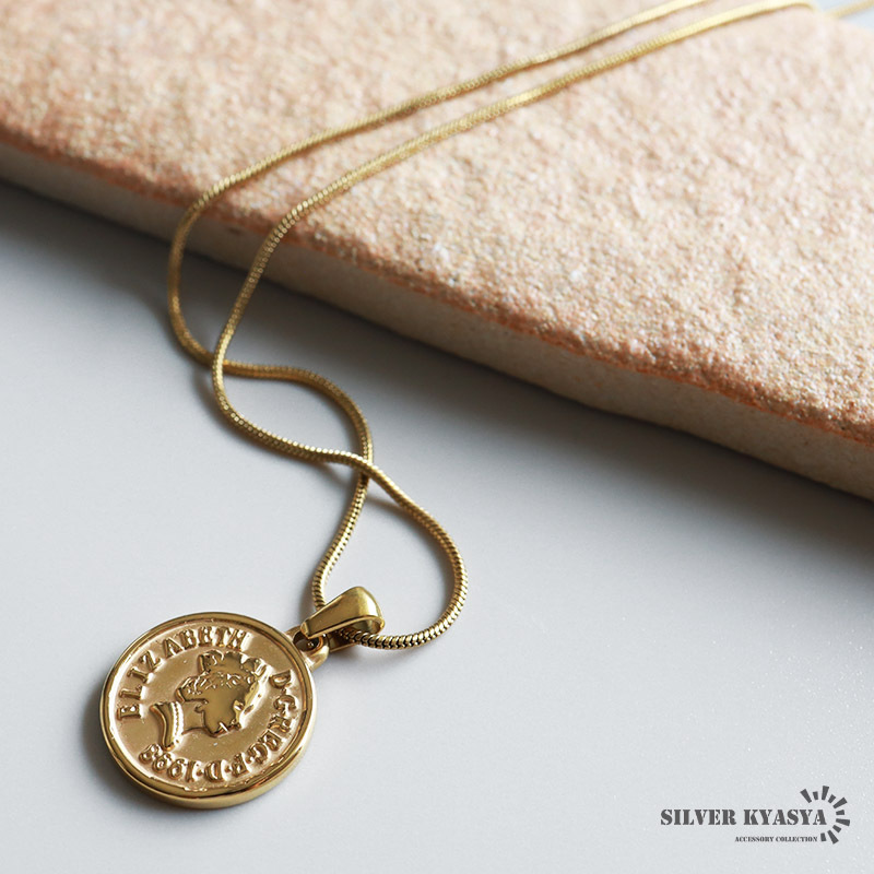 (60cm) コインネックレス スネークチェーン アンティーク エリザベス女王 ゴールド 18K ステンレス 金属アレルギー対応