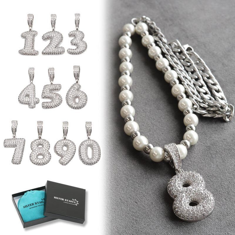 (ナンバー:1) CZ 数字 ナンバー 喜平 ハンドメイド pearl 銀色 ステンレス 専用BOX付属
