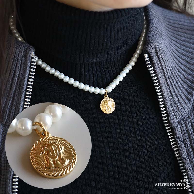 (40cm) ステンレス コインネックレス パールネックレス ゴールド ホワイト 真珠 ガラスパール 金属アレルギー対応