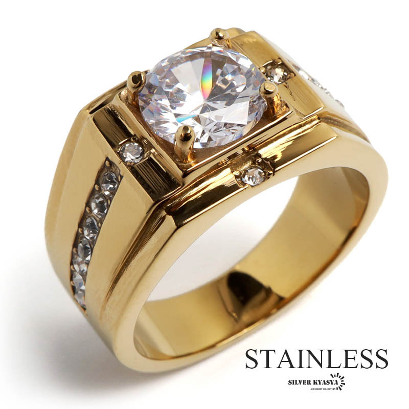 (16号) ステンレス 印台リング 一粒リング ゴールドリング 18K ジルコニア シグネットリング メンズ 金属アレルギー対応