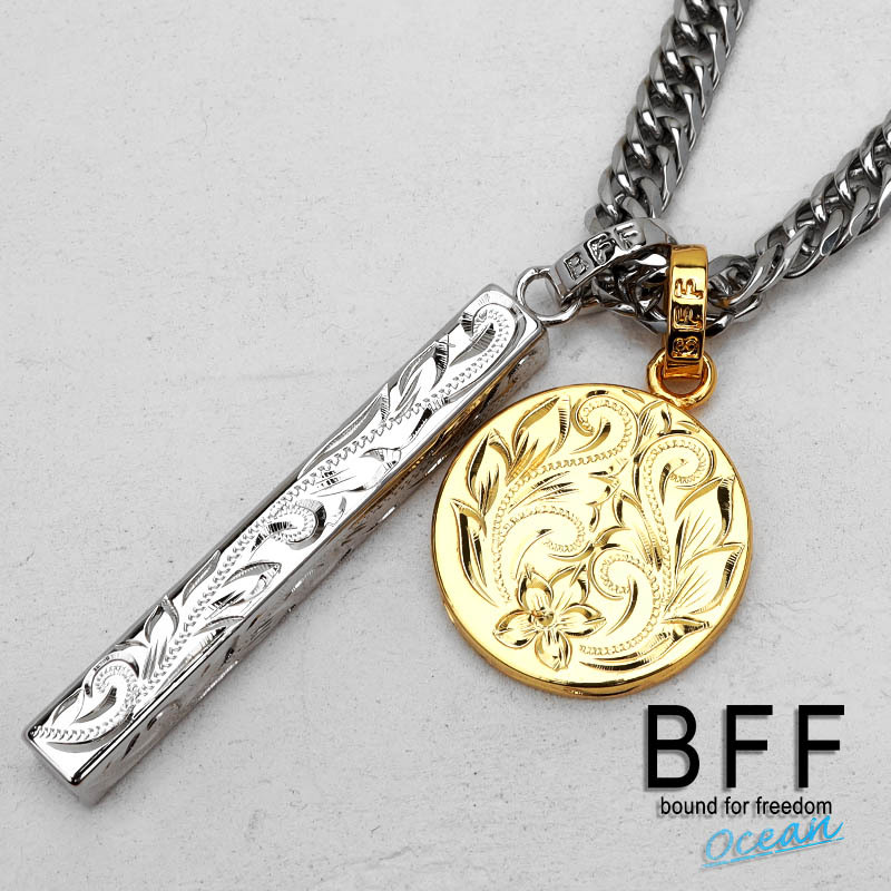 BFF ブランド コイン スティックネックレス ダブル喜平 6面カット ステンレス ゴールド 18金 K18 GP 専用BOX