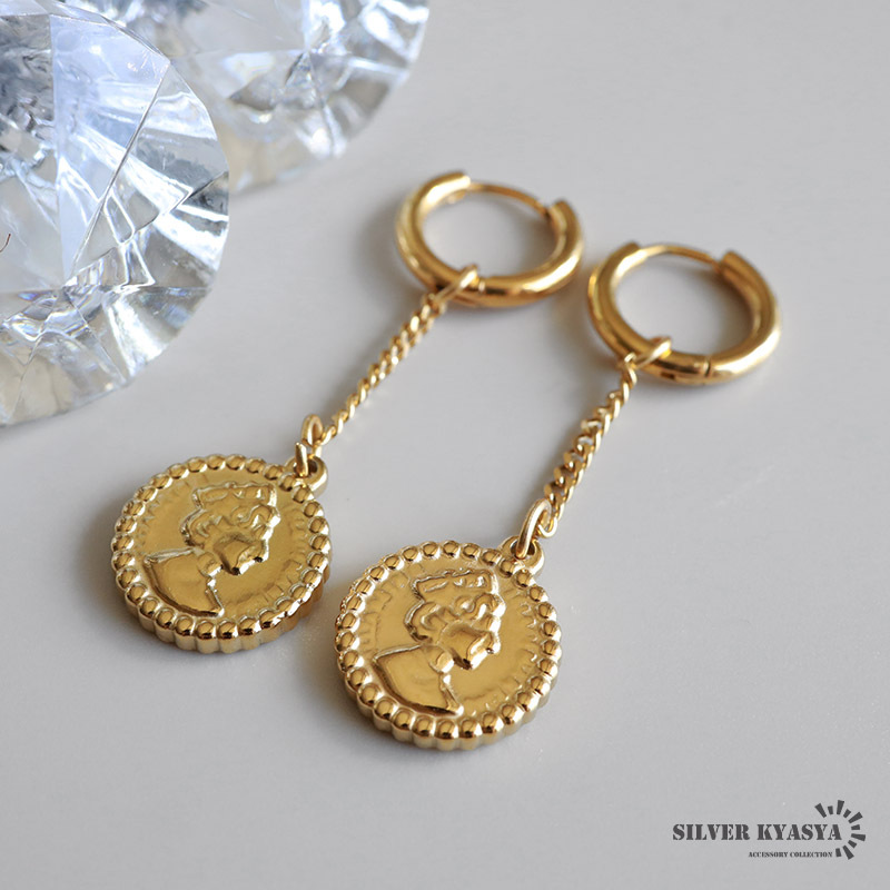 エリザベス コインピアス レディース ドロップピアス 女性 イギリス ゴールド 18K ステンレス 両耳用 金属アレルギー対応