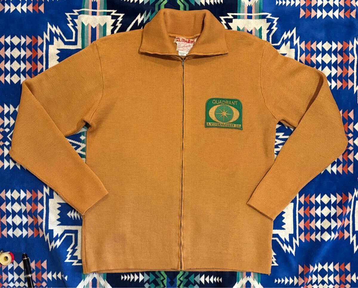  прекрасный товар **50s*Avalanche by Lasley-Seattle*Lettered (TALON)Zip Up Cardigan*Weyerhaeuser Uni*XL* Gold *Virgin Wool* America производства 