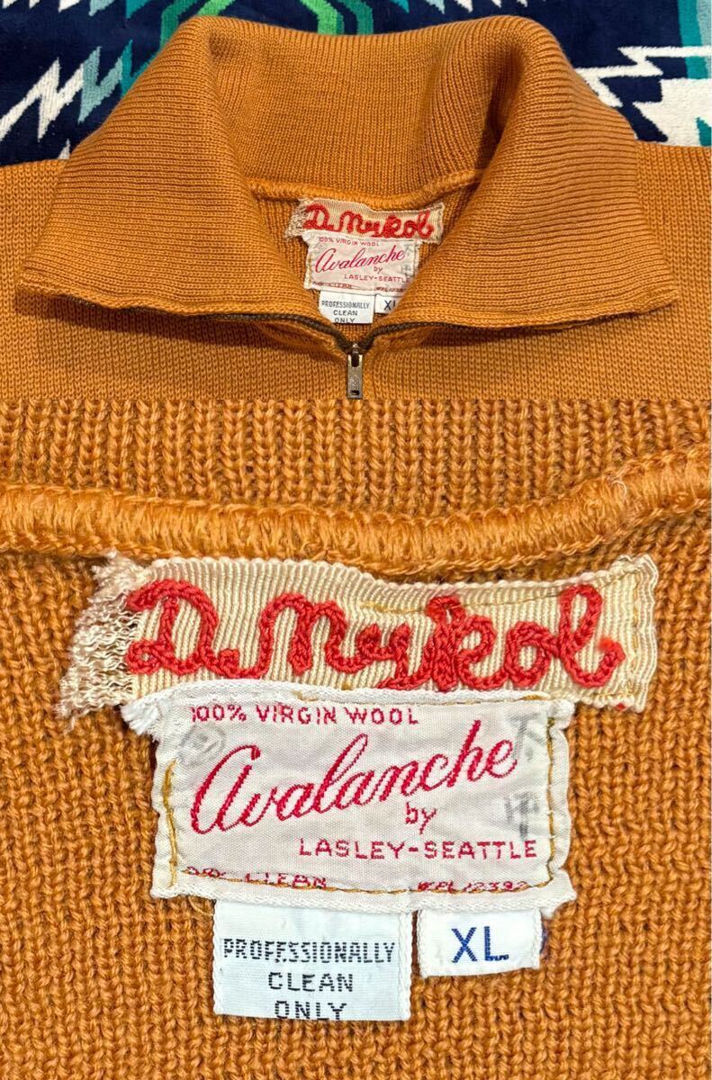 прекрасный товар **50s*Avalanche by Lasley-Seattle*Lettered (TALON)Zip Up Cardigan*Weyerhaeuser Uni*XL* Gold *Virgin Wool* America производства 