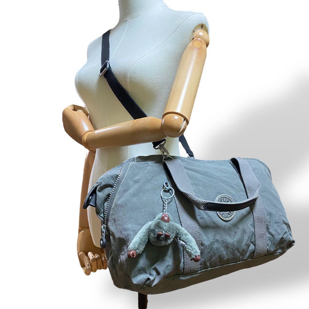 キプリング チャーム付ショルダーバッグ/ハンドバッグ2WAY グレー 美品 KIPLING キプリング ショルダーバッグ ナイロン 2way