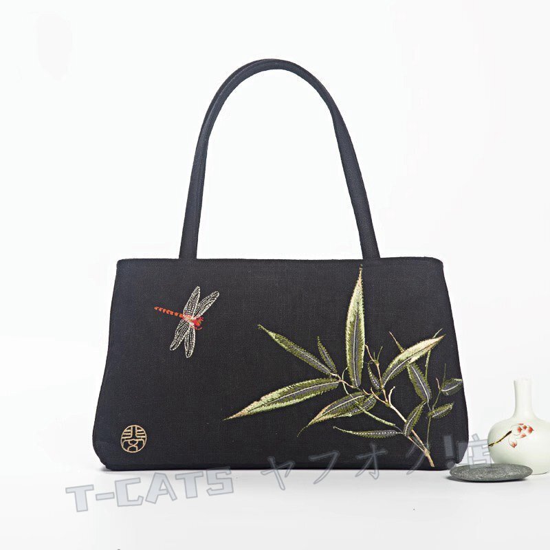 新品新品 工蕓品 コットン リネン トートバッグ ショルダーバッグ ハンドバッグ ハンドメイド レディース 刺繍 墨竹 黒