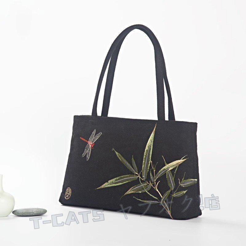 新品新品 工蕓品 コットン リネン トートバッグ ショルダーバッグ ハンドバッグ ハンドメイド レディース 刺繍 墨竹 黒