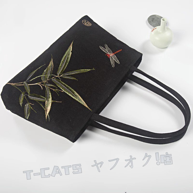 新品新品 工蕓品 コットン リネン トートバッグ ショルダーバッグ ハンドバッグ ハンドメイド レディース 刺繍 墨竹 黒