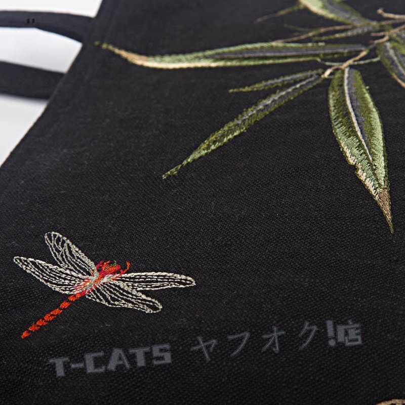 新品新品 工蕓品 コットン リネン トートバッグ ショルダーバッグ ハンドバッグ ハンドメイド レディース 刺繍 墨竹 黒